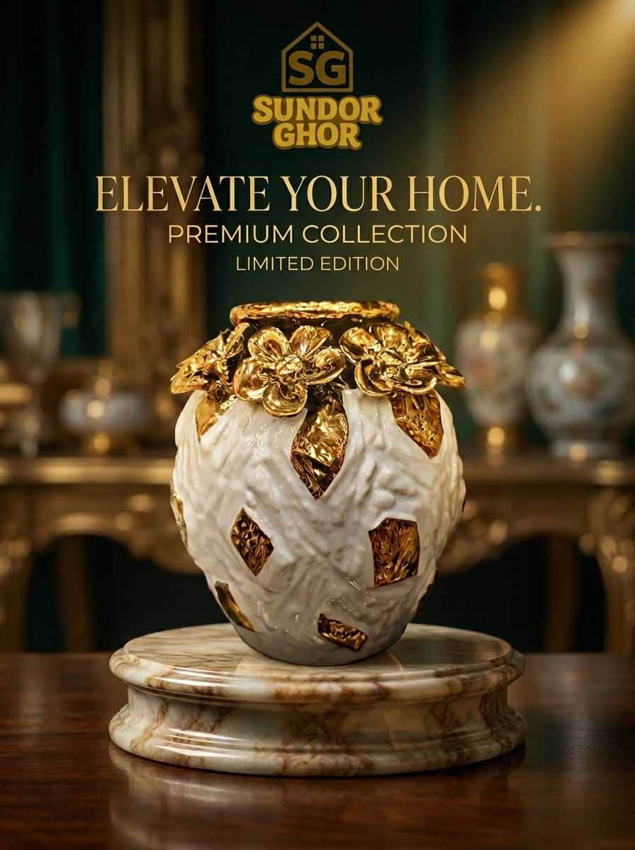 Luxury White & Gold Floral Embossed Vase - By [SUNDOR GHOR]