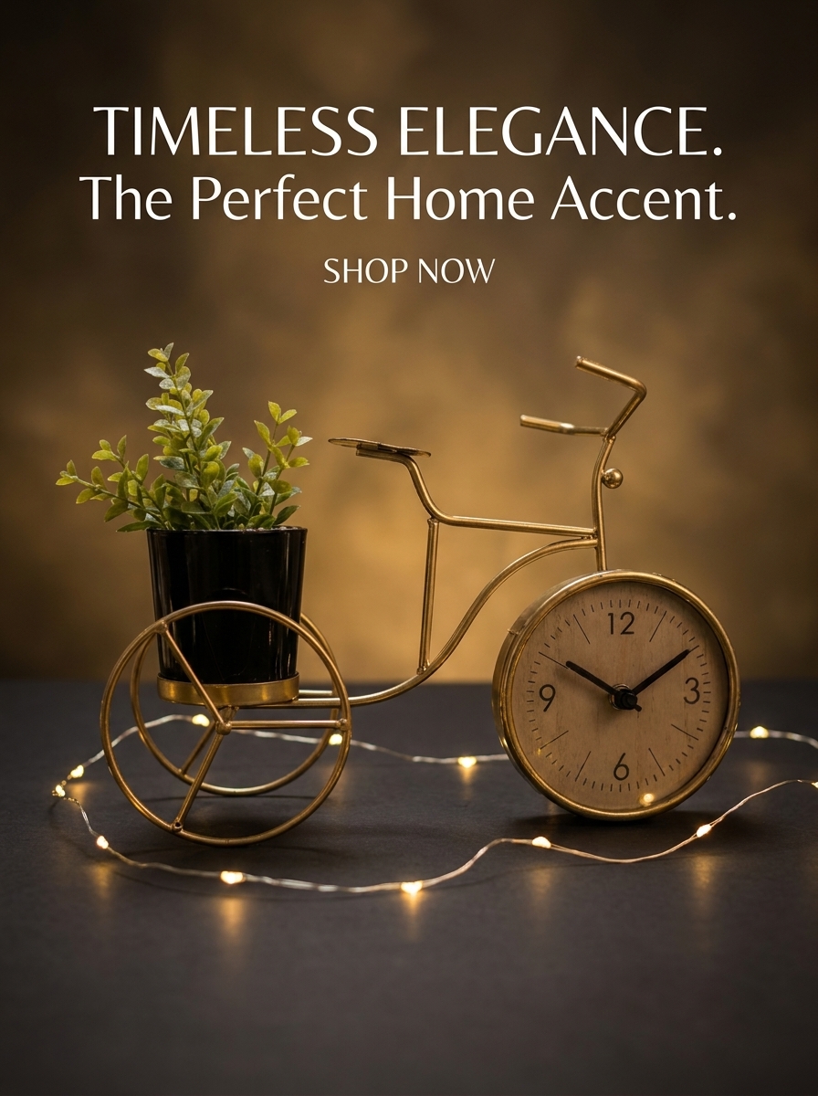 Golden Bicycle Planter Clock | Luxury Metal Table Clock with Planter Holder,,, From _ Sundor Ghor.