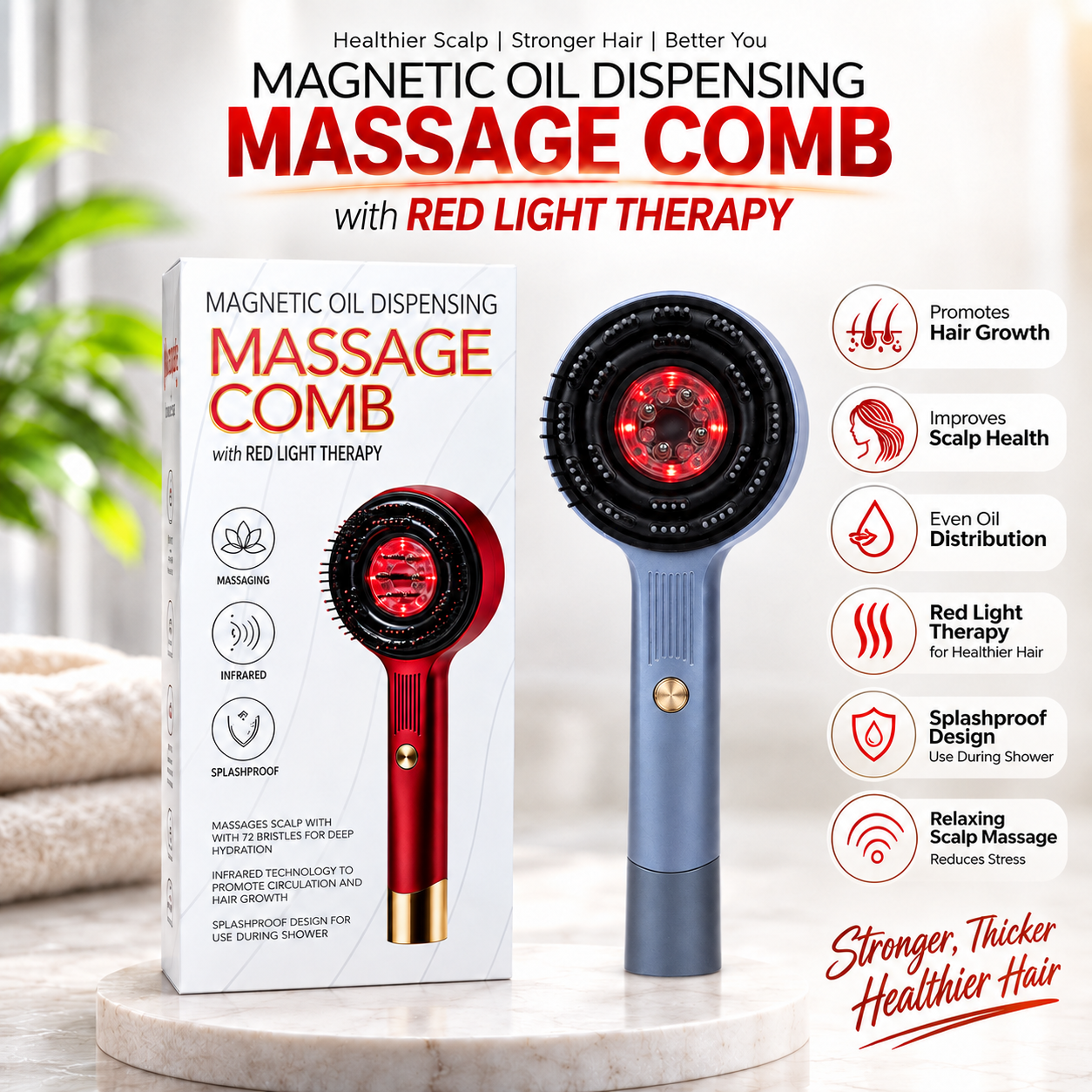 Magnetic Oil Dispensing Massage Comb (with Red Light Therapy)