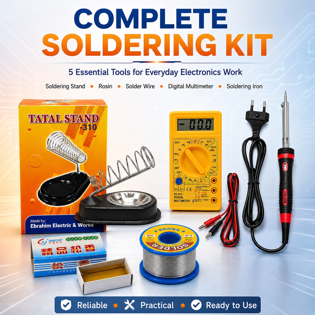 Master Soldering Combo Kit - 60W Soldering Iron, Multimeter, Stand, Lead & Rosin 5 in 1